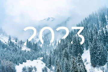 Text 2023 in the forest covered with snow in winter in the mountains during snowfall and fog. New...