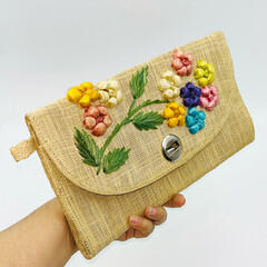 Embroidered Floral Straw bag clutch