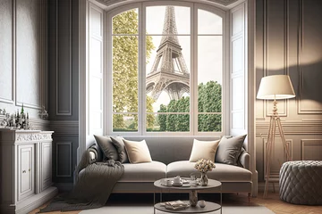 Foto op Canvas Light classic interior of an apartment in France with a large window and a view of the Eiffel Tower. AI © MiaStendal