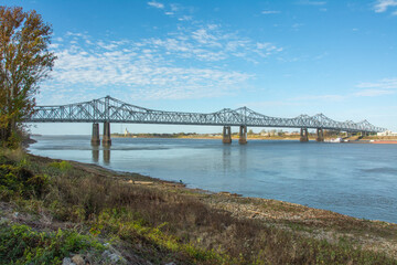 The Natchez–Vidalia Bridge over the Mississippi River seen from the Under The Hill district in Natchez,  Adams County, Mississippi, USA