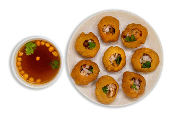 Famous north indian street food pani puri, panipuri, Golgappe or gol gappe chaat item with tamarind...