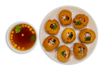 Famous north indian street food pani puri, panipuri, Golgappe or gol gappe chaat item with tamarind water