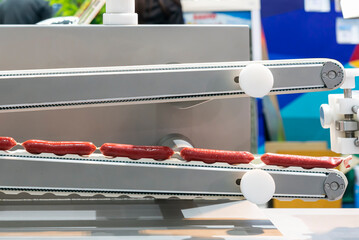 sausage chain during produced by past on conveyor system of automatic machine for manufacturing...