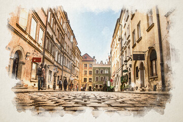 Street of a European city. Warsaw old town landmark. Watercolor illustration style. Multi-colored houses of the tourist route. Sights attractions. Building house streets
