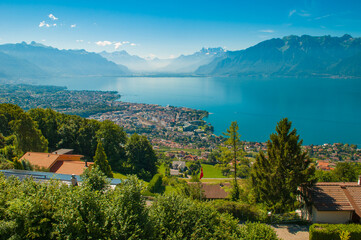 Fototapeta na wymiar View of Lake Geneva over Vevey, Switzerland.