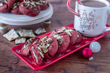 Stuffed peppermint bark red velvet cookies for the Christmas holidays