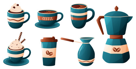 Coffee collection, different coffee elements. Cute cartoon icons. Vector illustration