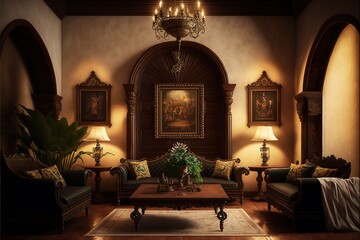 Beautiful traditional mexican interior of living room and patio, bright colors of walls, cathus, tropical leaves, lanterns, majestic arches and stairs, Mexico. AI - obrazy, fototapety, plakaty