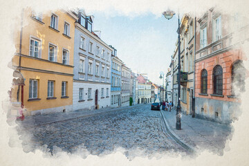 Street of a European city. Old town landmark. Watercolor illustration style. Multi-colored houses of the tourist route. Sights attractions. Building house streets Warsaw center © Real_life