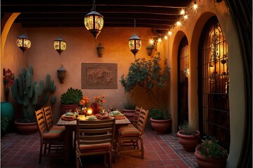 Fototapeta na wymiar Beautiful traditional mexican interior of living room and patio, bright colors of walls, cathus, tropical leaves, lanterns, majestic arches and stairs, Mexico. AI