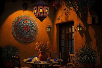 Beautiful traditional mexican interior of living room and patio, bright colors of walls, cathus, tropical leaves, lanterns, majestic arches and stairs, Mexico. AI