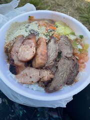 Grilled meat With rice and vegetables 
