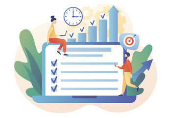 Productivity concept.  Effective job planning online. Discipline, time management, employee performance and self-organization.Modern flat cartoon style. Vector illustration on white background