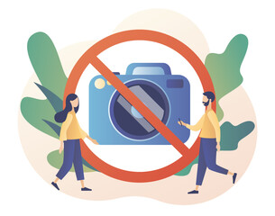 No photography icon. No pictures. Tiny people and red sign No camera. Modern flat cartoon style. Vector illustration on white background