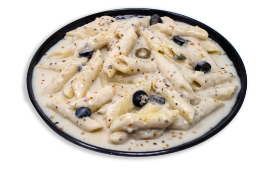 classic creamy delicious italian Alfredo penne pasta white sauce with mixed herbs, basil, parsley, onion, garlic, olives, jalapeno, cheese and garlic bread - Powered by Adobe