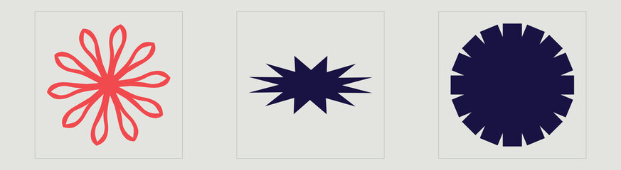 Vector Graphic Assets Set. Brutalism star and flower shapes. Modern abstract forms. Isolated on black background. Vector illustration