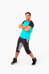 Plakat Happy fitness instructor. Happy zumba instructor. Male fitness model.
