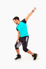 Happy fitness instructor. Happy zumba instructor. Male fitness model.
