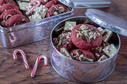 Stuffed peppermint bark red velvet cookies for the Christmas holidays