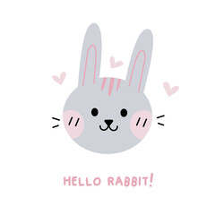 Obraz na płótnie Canvas Cute gray rabbit, bunny vector illustration on a white background. Text Hello rabbit. Rabbit for Christmas, New Year, Easter. Children's beautiful illustration for print. 