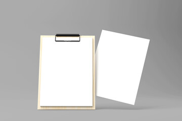 Wooden clipboard with blank a4 paper mockup template, isolated on light grey background