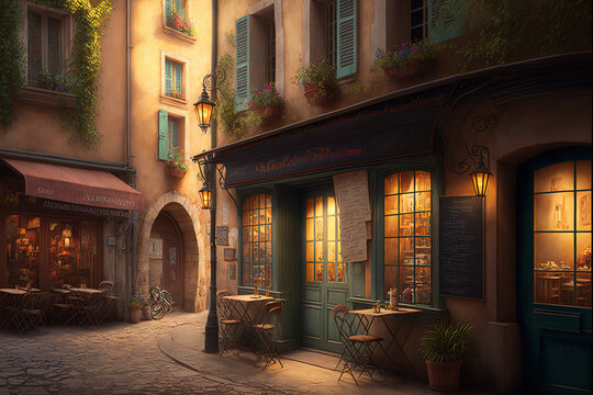 Fototapeta Narrow French antique street with a croissant shop. Old street of France, small coffee with lanterns. AI