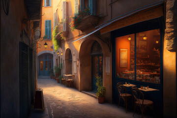 Narrow French antique street with a croissant shop. Old street of France, small coffee with lanterns. AI - obrazy, fototapety, plakaty
