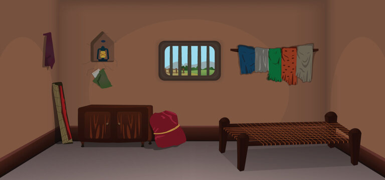 Village room inside cartoon background vector, poor room interior illustration.