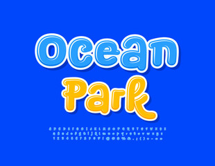 Vector bright emblem Ocean Park. Blue Glossy Font. Creative Alphabet Letters and Numbers set