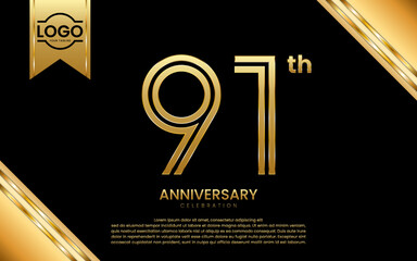 91th Anniversary Celebration. Anniversary Template Design With Gold Number and Font, Vector Template Illustration