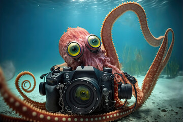octopus with camera underwater illustration, generative ai