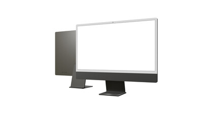 Realistic 3D Computer, with a white screen, isolated on a background