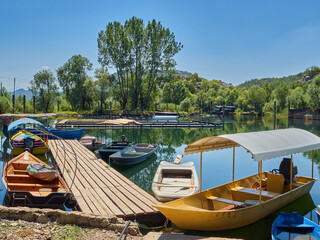 Boats in Karuc, a beautiful fishing and touristic village in lake Skadar. Montenegro, Europe