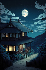 night, anime, street, moon, landscape, art illustration