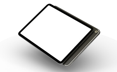 Fototapeta na wymiar Modern tablet computer stand with blank screen isolated on white background