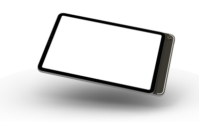 Modern tablet computer stand with blank screen isolated on white background