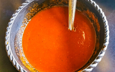 Spicy red Mexican chili sauce in Puerto Escondido Mexico.