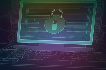  a computer screen with a padlock on it and a key on the screen in the background is a neon green and blue hue. Generative AI