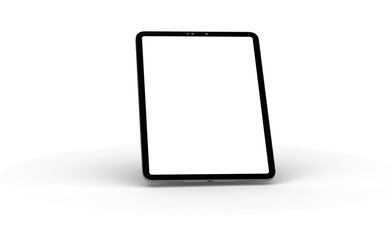 Modern tablet computer stand with blank screen isolated on white background