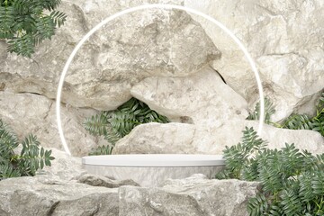 Rock stone white podium Blank product shelf standing backdrop.