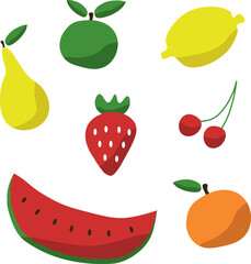 Fruits and berries, vector set. Drawn fruits with shadows. Apple and pear, cherry and strawberry, lemon and orange, watermelon.