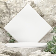 Rock stone white podium Blank product shelf standing backdrop.