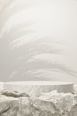 Rock stone white podium Blank product shelf standing backdrop.