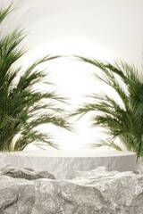 Rock stone white podium Blank product shelf standing backdrop.