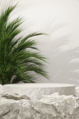 Rock stone white podium Blank product shelf standing backdrop.