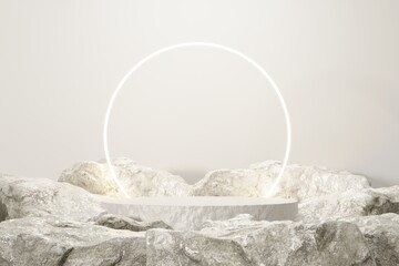 Rock stone white podium Blank product shelf standing backdrop.