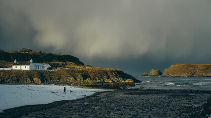 Person walking a dog on the beach with snow