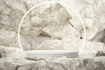 Rock stone white podium Blank product shelf standing backdrop.