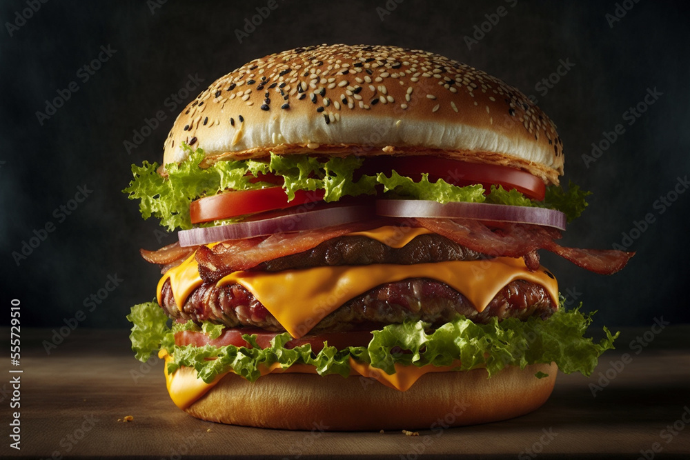 Wall mural double bacon cheeseburger close up generative ai