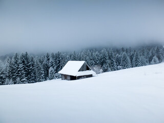 A lonely hut in the depths of winter.